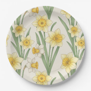 Daffodil Spring Floral in Soft Yellow and Green 4 Paper Plate