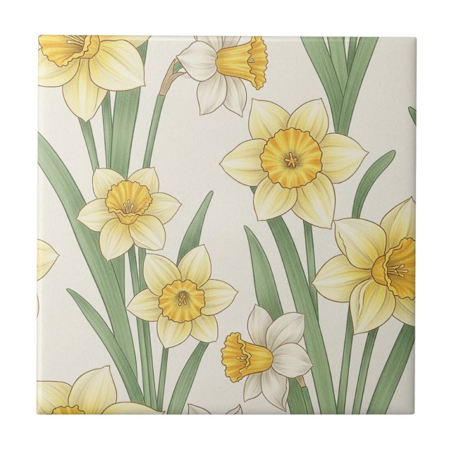 Daffodil Spring Floral in Soft Yellow and Green 4 Tile (Front)