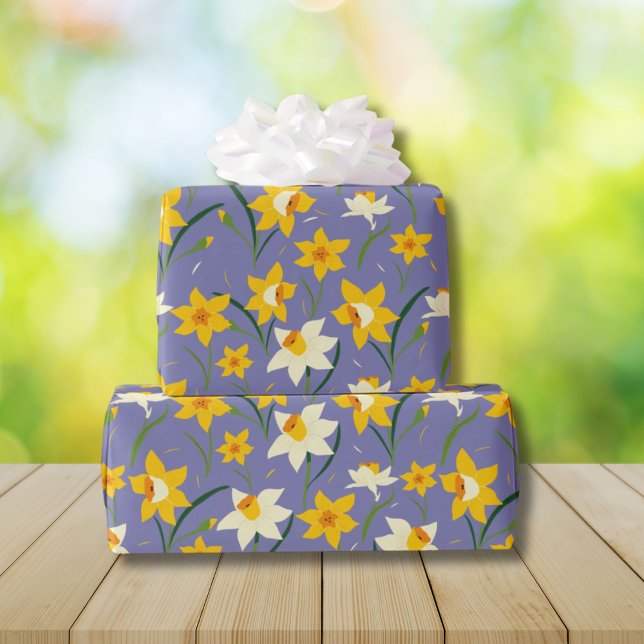 Daffodil spring flowers pattern on Blue  Wrapping Paper (Creator Uploaded)