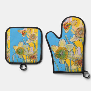 Daffodil Watercolor Flower Blue Floral Kitchen Oven Mitt & Pot Holder Set