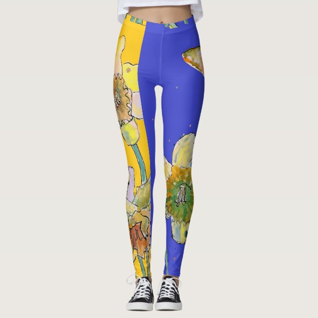 Daffodil Watercolor Flower Blue Floral Leggings (Front)