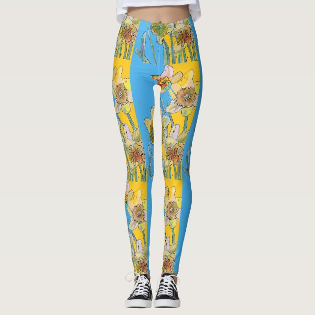 Daffodil Watercolor Flower Blue Floral Leggings (Front)