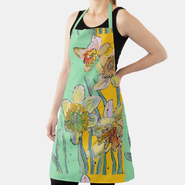Daffodil Watercolor Flower Green floral Apron (Insitu)