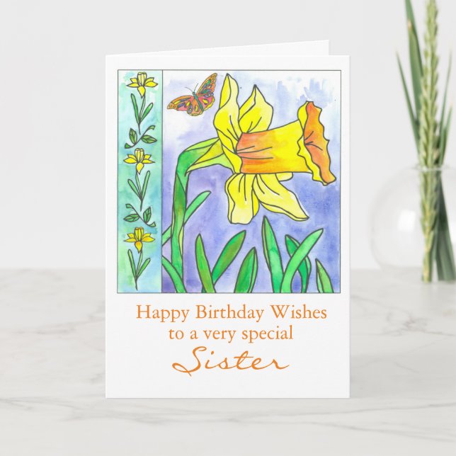 Daffodil Watercolor Flower Happy Birthday Sister Card (Front)