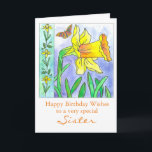 Daffodil Watercolor Flower Happy Birthday Sister Card<br><div class="desc">A pretty floral happy birthday card featuring a big bright yellow daffodil and butterfly drawn with black pen and ink with watercolor and a soft blue green background. Nice for your sister or you can customise the text to fit your needs. This design is from my colouring book called "Lila's...</div>