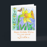 Daffodil Watercolor Flower Happy Birthday Sister Card<br><div class="desc">A pretty floral happy birthday card featuring a big bright yellow daffodil and butterfly drawn with black pen and ink with watercolor and a soft blue green background. Nice for your sister or you can customise the text to fit your needs. This design is from my colouring book called "Lila's...</div>