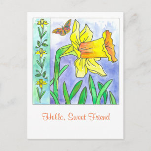 Daffodil Watercolor Flower Hello Sweet Friend Postcard