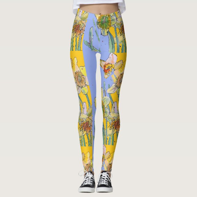 Daffodil Watercolor Flower Lilac Floral Leggings (Front)