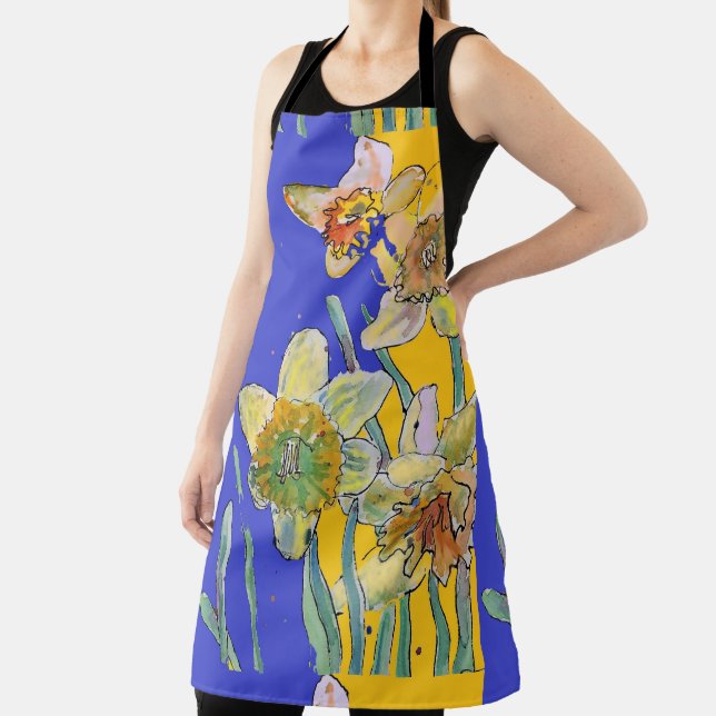 Daffodil Watercolor Flower Navy floral Apron (Insitu)