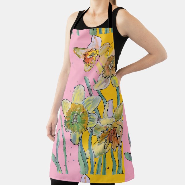 Daffodil Watercolor Flower pink floral Apron (Insitu)