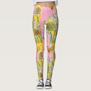 Daffodil Watercolor Flower Pink Floral Leggings