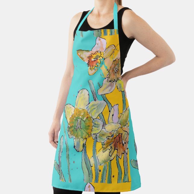 Daffodil Watercolor Flower Turquoise  floral Apron (Insitu)