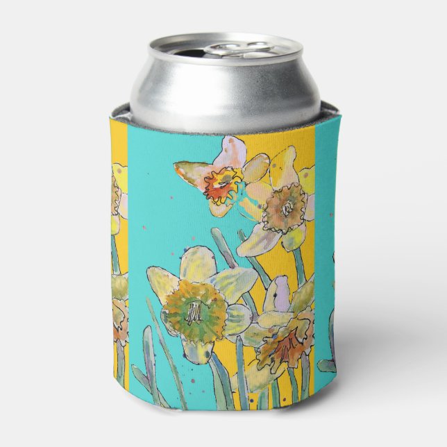 Daffodil Watercolor Flower Turquoise floral Can Can Cooler (Can Front)
