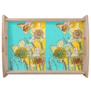 Daffodil Watercolor Flower Turquoise floral  Place Serving Tray
