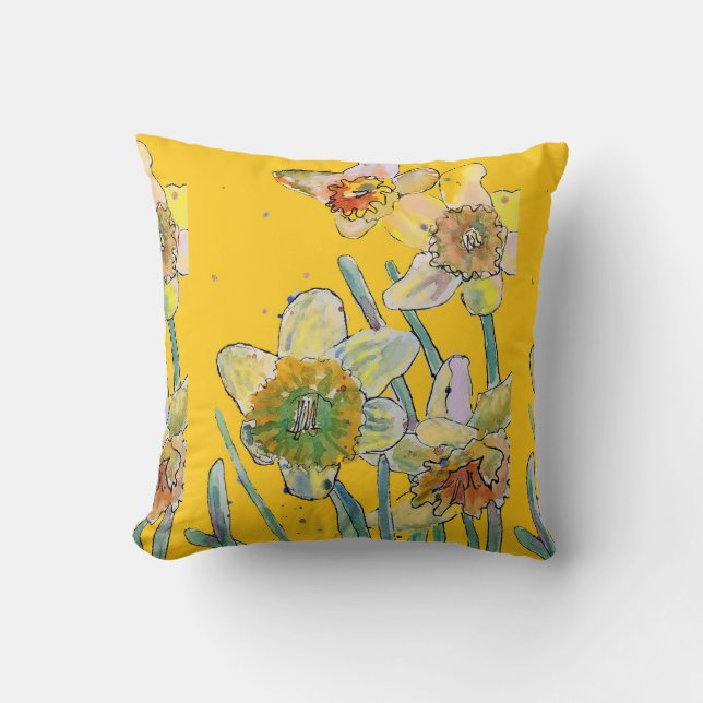 Daffodil Watercolor Yellow Flower floral Cushion (Front)