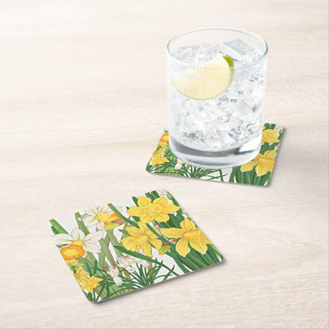 Daffodil Woodblock Painting Square Paper Coaster (Insitu)