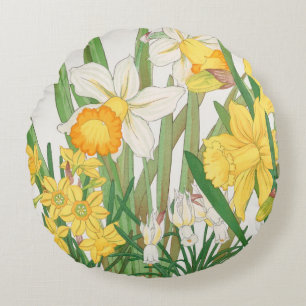 Daffodil Woodblock Painting, Tanigami Kônan, 1917 Round Cushion
