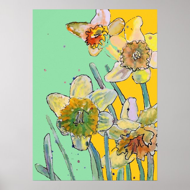 Daffodil Yellow Aqua Flower Garden Poster (Front)
