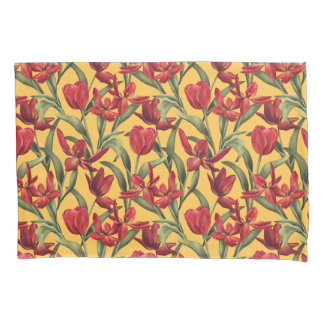 Daffodil Yellow background with Red Tulips Pillowcase