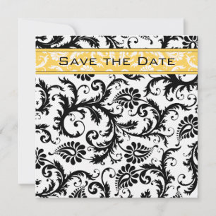 Daffodil Yellow & Black Damask Save the Date Invitation