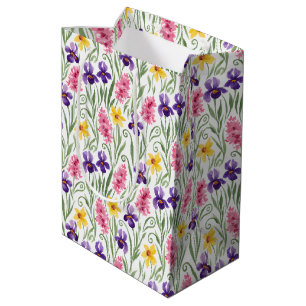 Daffodil Yellow, Iris Purple, Hyacinth Pink Floral Medium Gift Bag