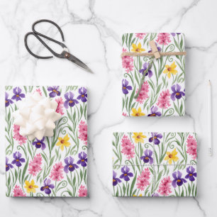 Daffodil Yellow, Iris Purple, Hyacinth Pink Floral Wrapping Paper Sheet