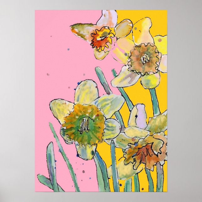 Daffodil Yellow Pink Flower Garden Poster (Front)