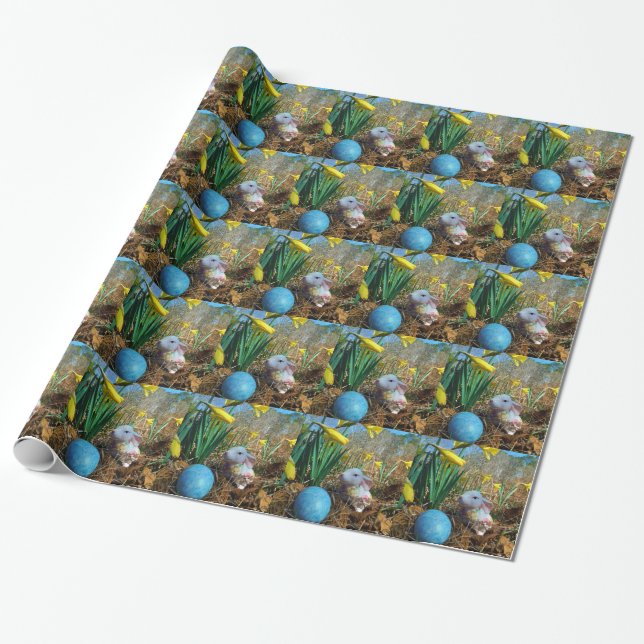 Daffodils and  Blue Easter egg Wrapping Paper (Unrolled)