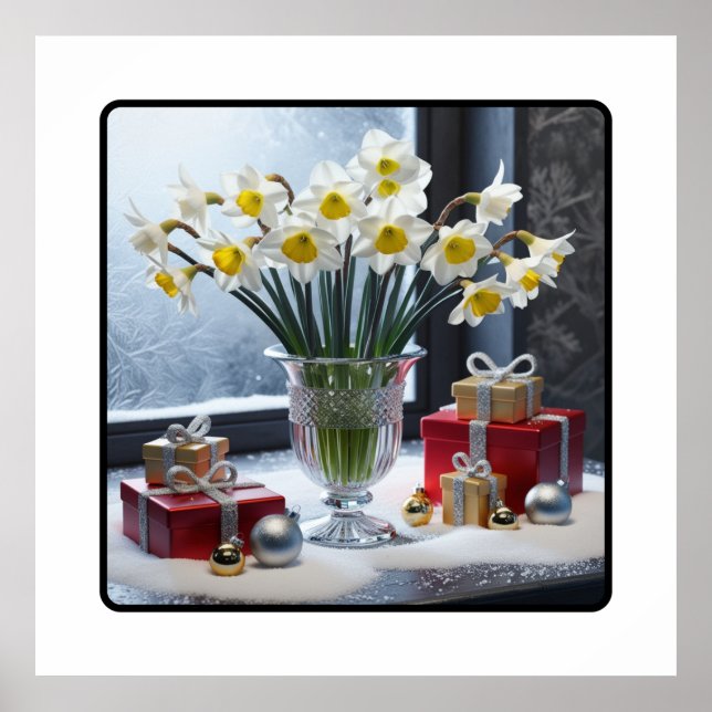 Daffodils and Gifts on a Snowy Windowsill Poster (Front)