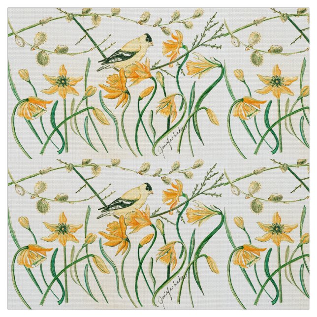 Daffodils and Goldfinches Fabric (Swatch)
