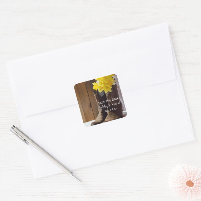 Daffodils Cowboy Boots Barn Wedding Save the Date Square Sticker (Envelope)