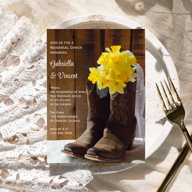Daffodils Cowboy Boots Wedding Rehearsal Dinner Invitation (Creator Uploaded)
