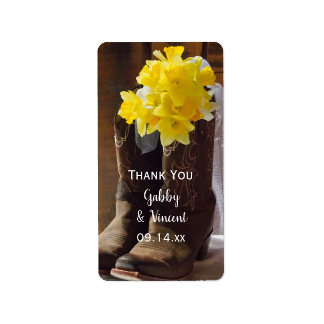 Daffodils Cowboy Boots Western Wedding Thank You Label (Front)