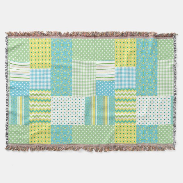 Daffodils Faux Patchwork Polkas Checks Florals Throw Blanket (Front)