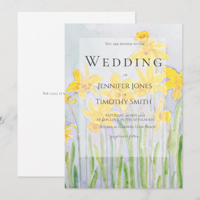 daffodils field watercolour wedding invitation  (Front/Back)