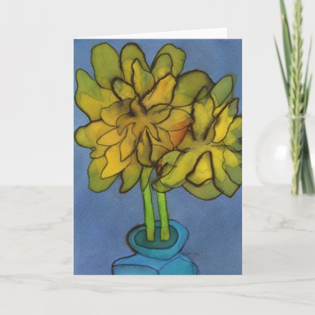 Daffodils in a Blue Vase Greetings Card (Front)