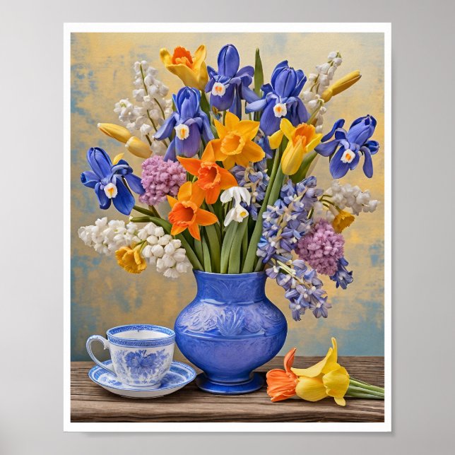 Daffodils Iris Blue Ceramic Vase Teacup Poster (Front)