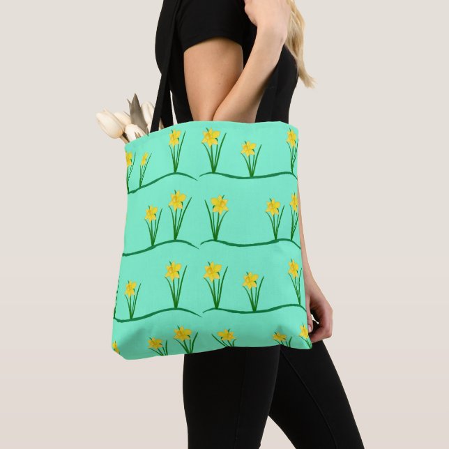 Daffodils Pattern in Aquamarine Colour Tote Bag (Close Up)
