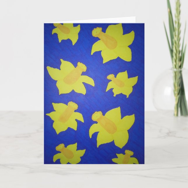 Daffodils Pop Art Blue Holiday Card (Front)