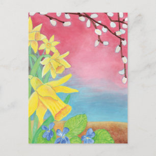 Daffodils, Salix caprea and Sweet violet  Postcard