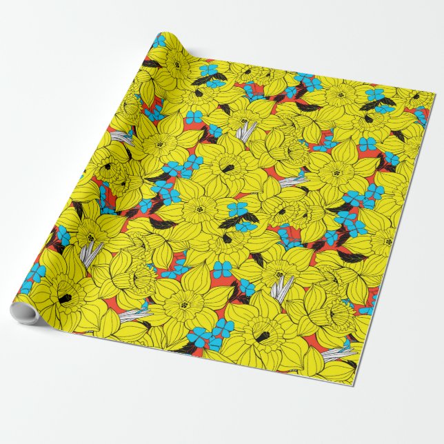 Daffodils spring floral pattern wrapping paper (Unrolled)