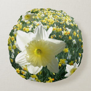 Daffodils Spring Flowers Field Round Pillow