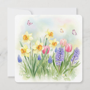 Daffodils, Tulips, Hyacinths, Butterflies Card