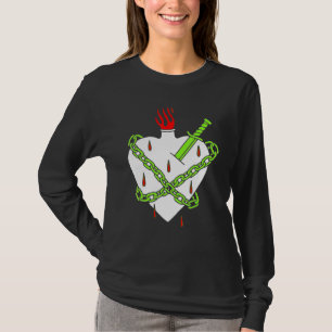 Dagger Planted In White Heart With A Red Flame And T-Shirt