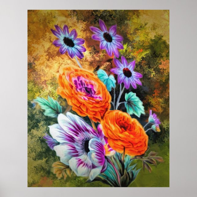 Dahlia and daisy floral painting gold purple orang poster (Front)