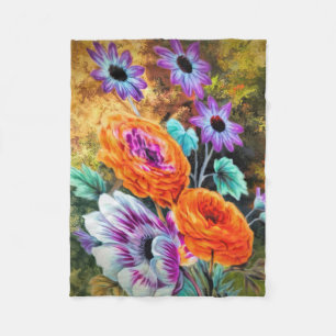 Dahlia and daisy flower garden floral fleece blanket
