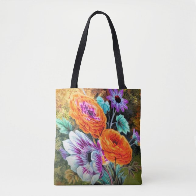 Dahlia and daisy flower garden floral tote bag (Front)