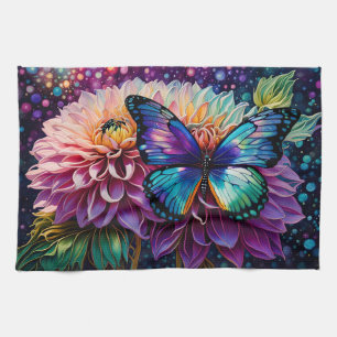 Dahlia And Iridescent Butterfly Tea Towel