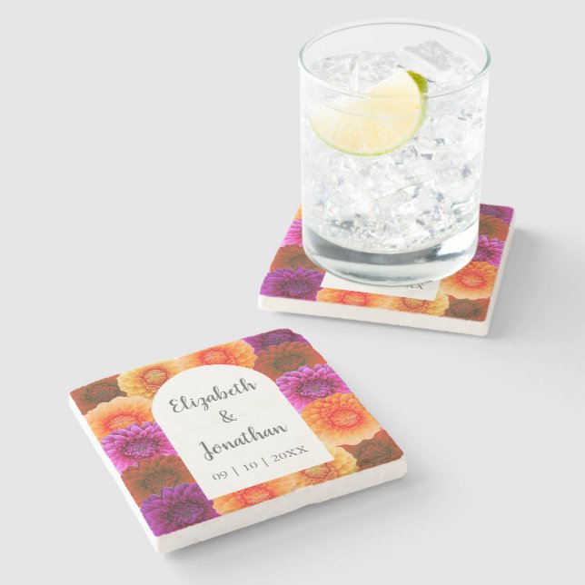 Dahlia Autumn Floral Wedding Stone Coaster (Side)