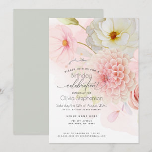 Dahlia Birthday for Her Pastel Pink Floral Invitat Invitation